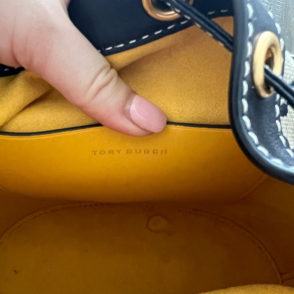 Tory Burch Navy and Brown Monogram Jacquard Bucket Bag - Picture 9 of 9